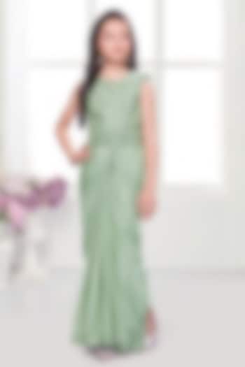 Olive Green Lycra Sequin Embellished Pre-Stitched Saree Set For Girls by Ministitch at Pernia's Pop Up Shop