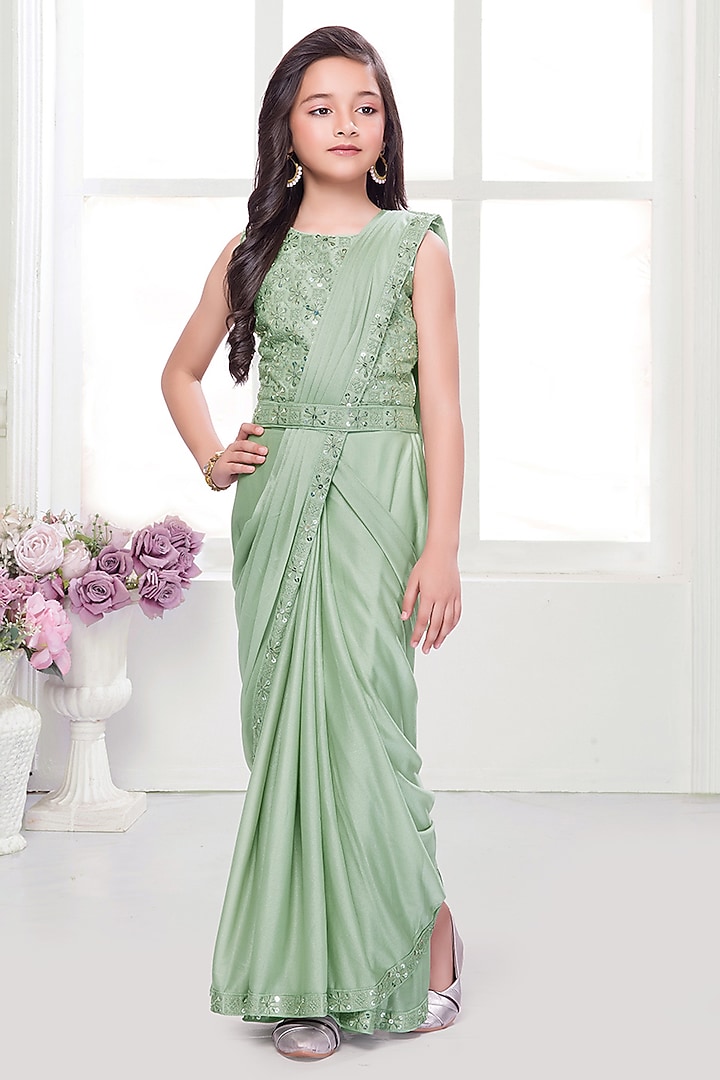 Olive Green Lycra Sequin Embellished Pre-Stitched Saree Set For Girls by Ministitch at Pernia's Pop Up Shop