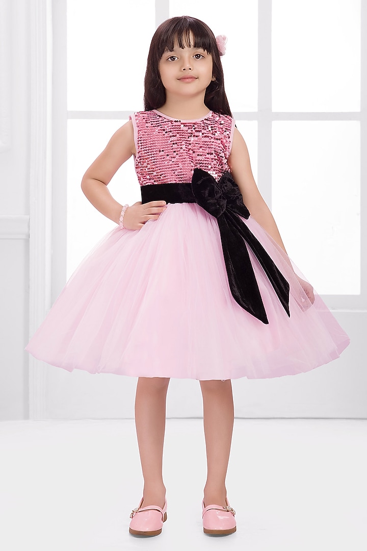 Baby Pink Net Bow Dress For Girls by Ministitch at Pernia's Pop Up Shop