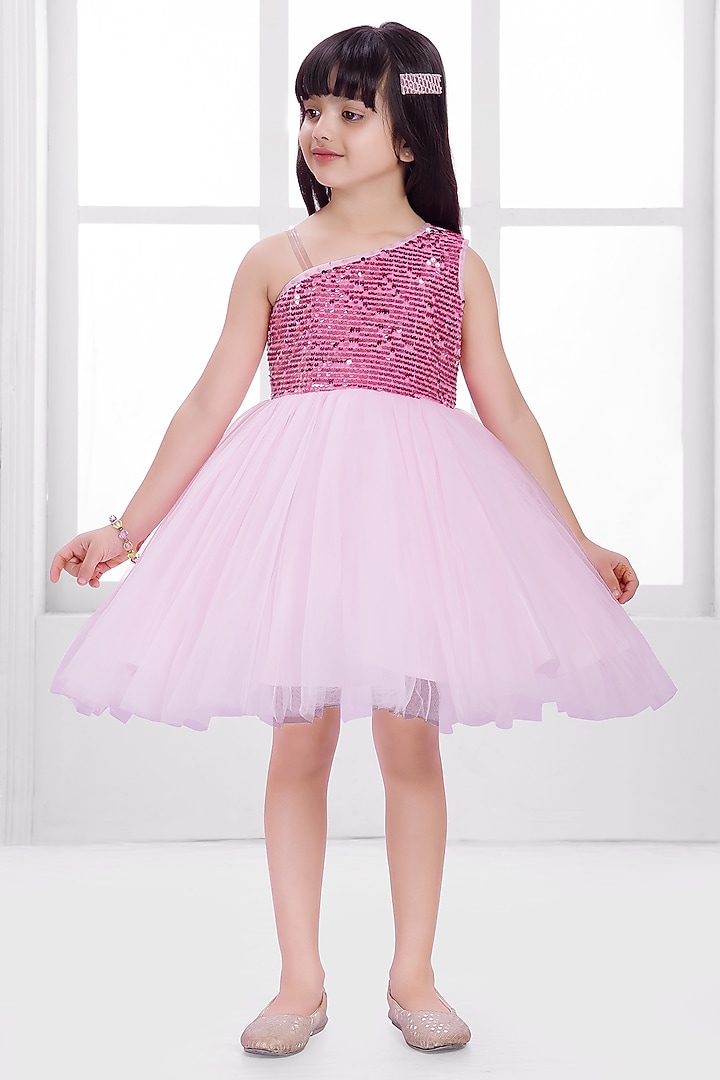 Baby Pink Net One-Shoulder Dress For Girls by Ministitch at Pernia's Pop Up Shop