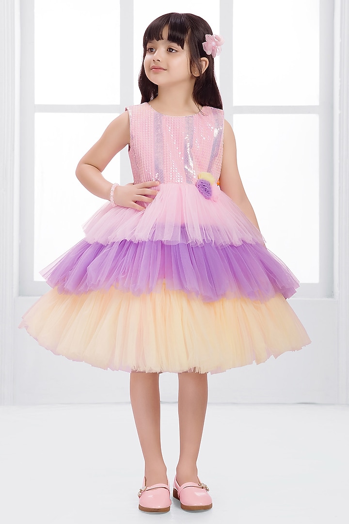 Multi-Colored Net Floral Applique Layered Dress For Girls by Ministitch at Pernia's Pop Up Shop