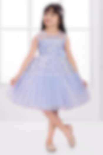 Sky Blue Net Thread Embroidered Dress For Girls by Ministitch at Pernia's Pop Up Shop