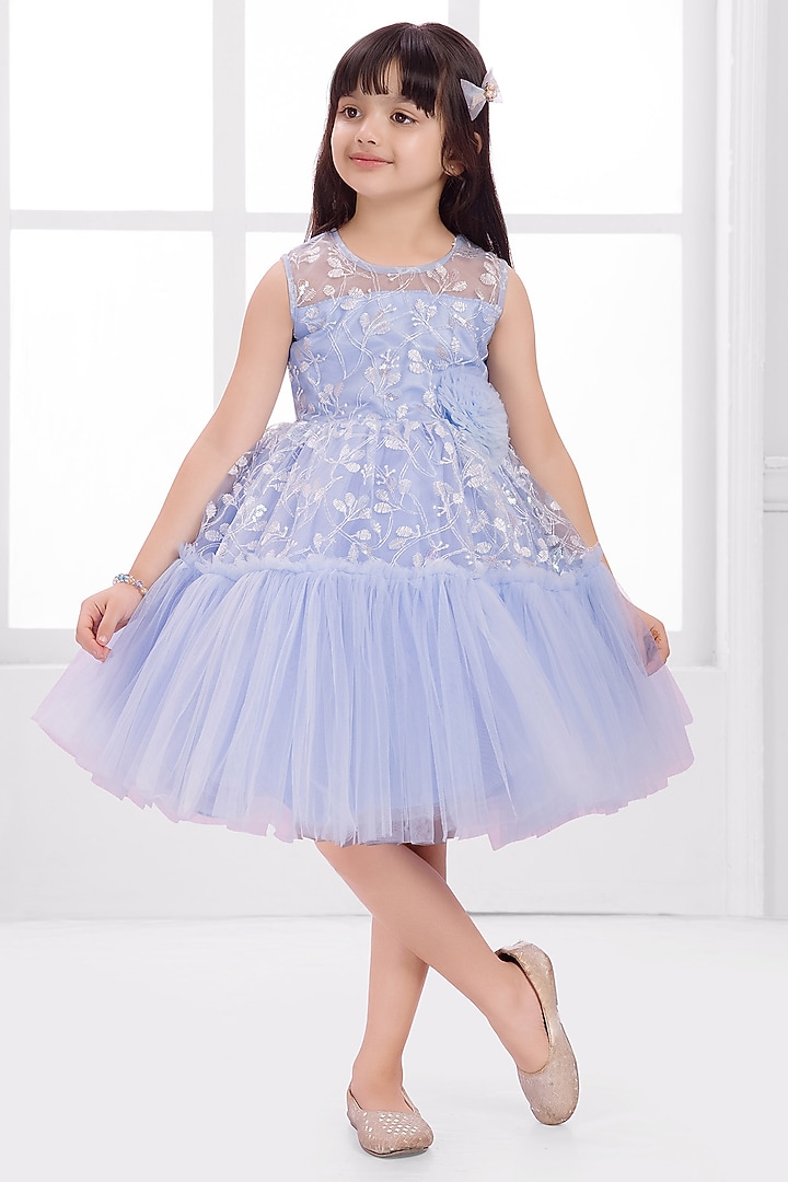 Sky Blue Net Thread Embroidered Dress For Girls by Ministitch at Pernia's Pop Up Shop