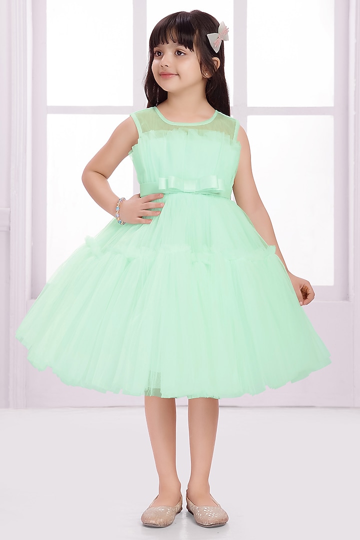 Sea Green Net Frilled Dress For Girls by Ministitch at Pernia's Pop Up Shop