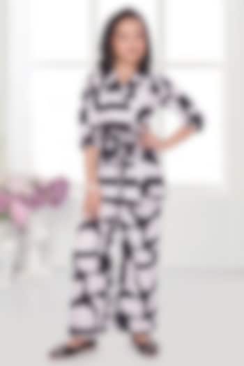 Cream & Black Muslin Geometric Printed Co-Ord Set For Girls by Ministitch at Pernia's Pop Up Shop