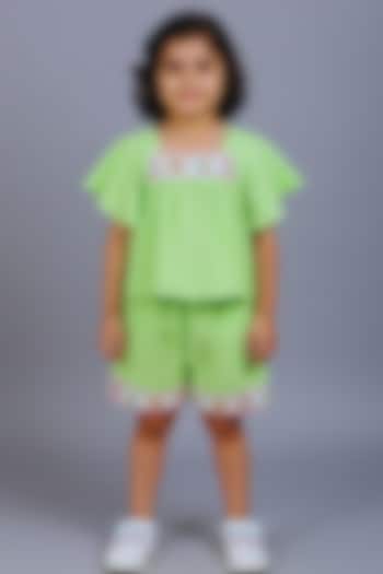Neon Green Cotton Blend Lace Embroidered Co-Ord Set For Girls by Ministitch at Pernia's Pop Up Shop