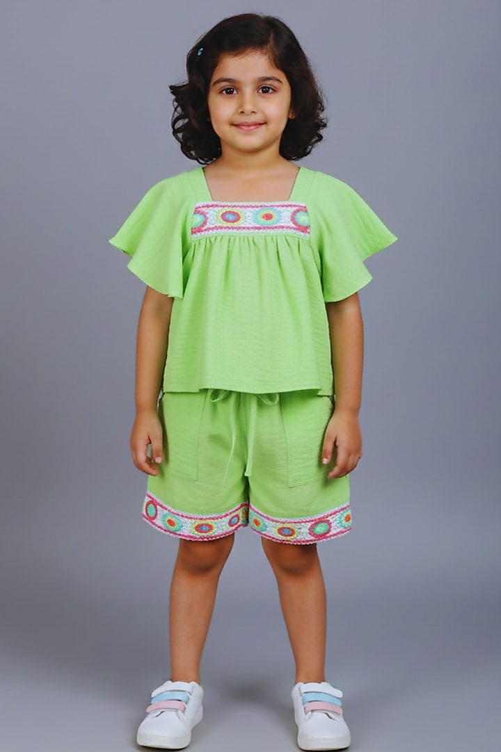 Neon Green Cotton Blend Lace Embroidered Co-Ord Set For Girls by Ministitch at Pernia's Pop Up Shop