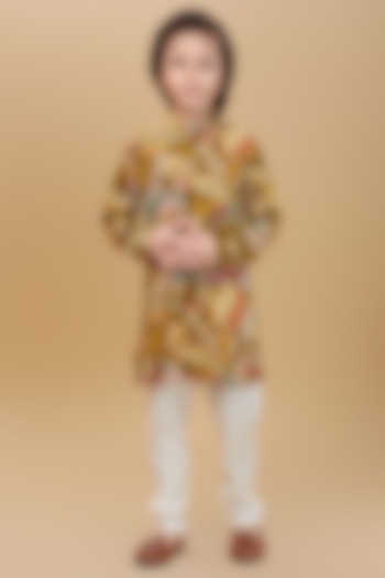 Yellow Cotton Floral Printed Kurta Set For Boys by Ministitch at Pernia's Pop Up Shop