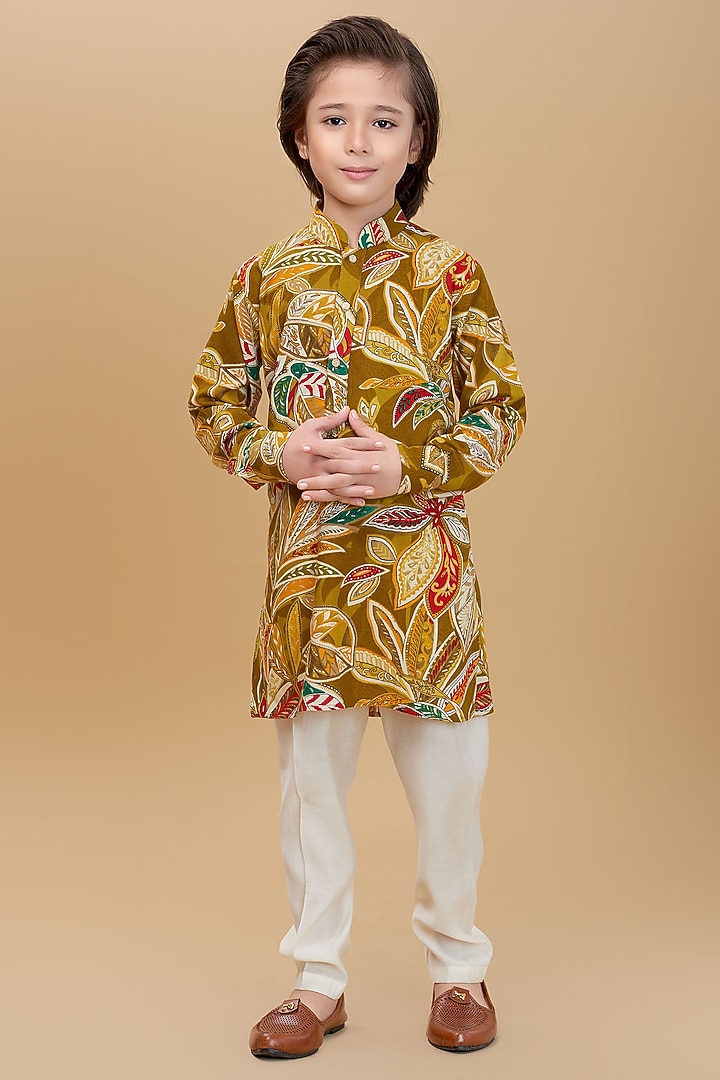 Yellow Cotton Floral Printed Kurta Set For Boys by Ministitch at Pernia's Pop Up Shop
