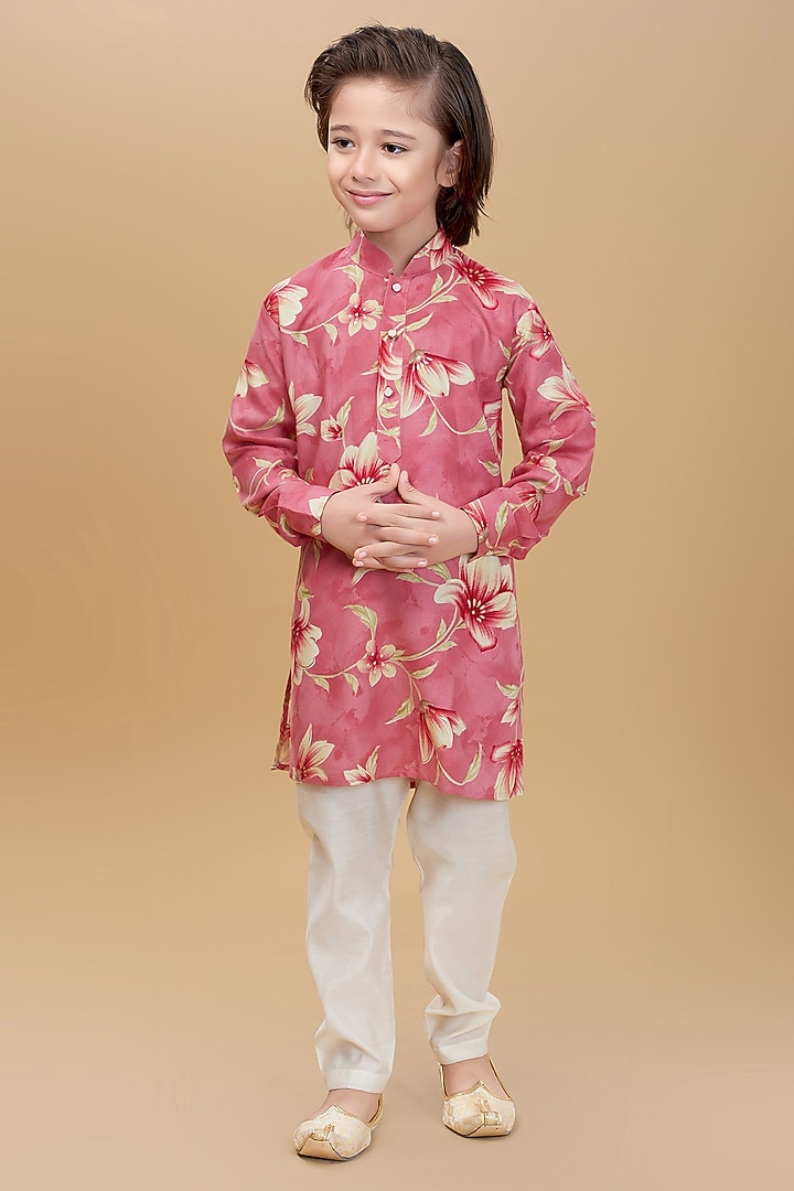 Pink Rayon Floral Printed Kurta Set For Boys by Ministitch at Pernia's Pop Up Shop