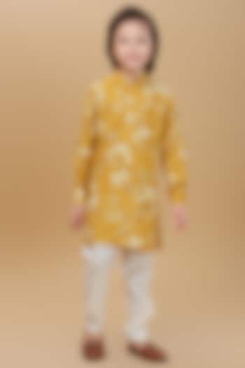 Yellow Rayon Floral Printed Kurta Set For Boys by Ministitch at Pernia's Pop Up Shop