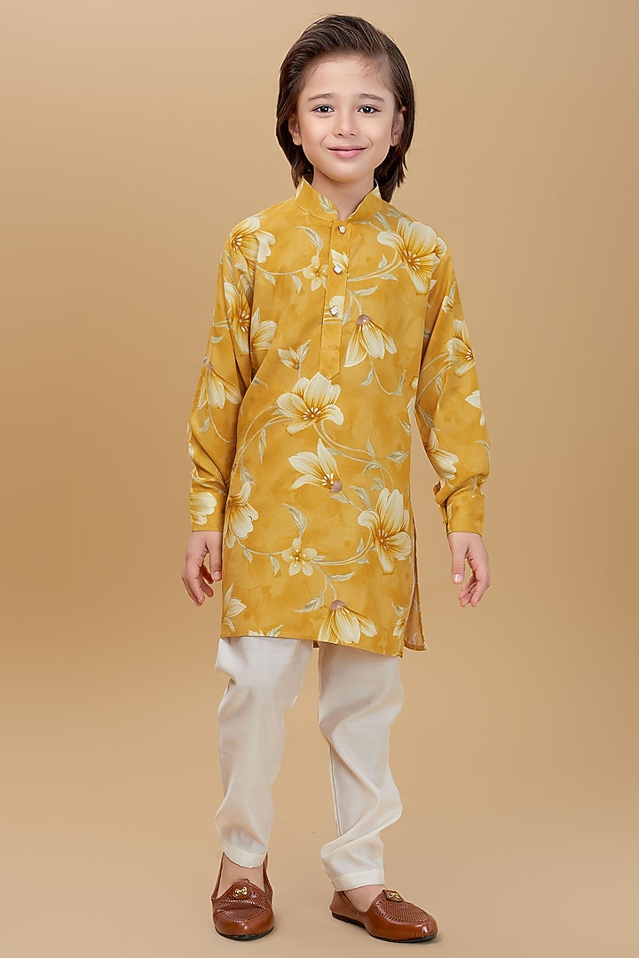 Yellow Rayon Floral Printed Kurta Set For Boys by Ministitch at Pernia's Pop Up Shop