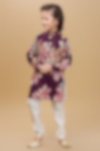 Violet Rayon Floral Printed Kurta Set For Boys by Ministitch at Pernia's Pop Up Shop