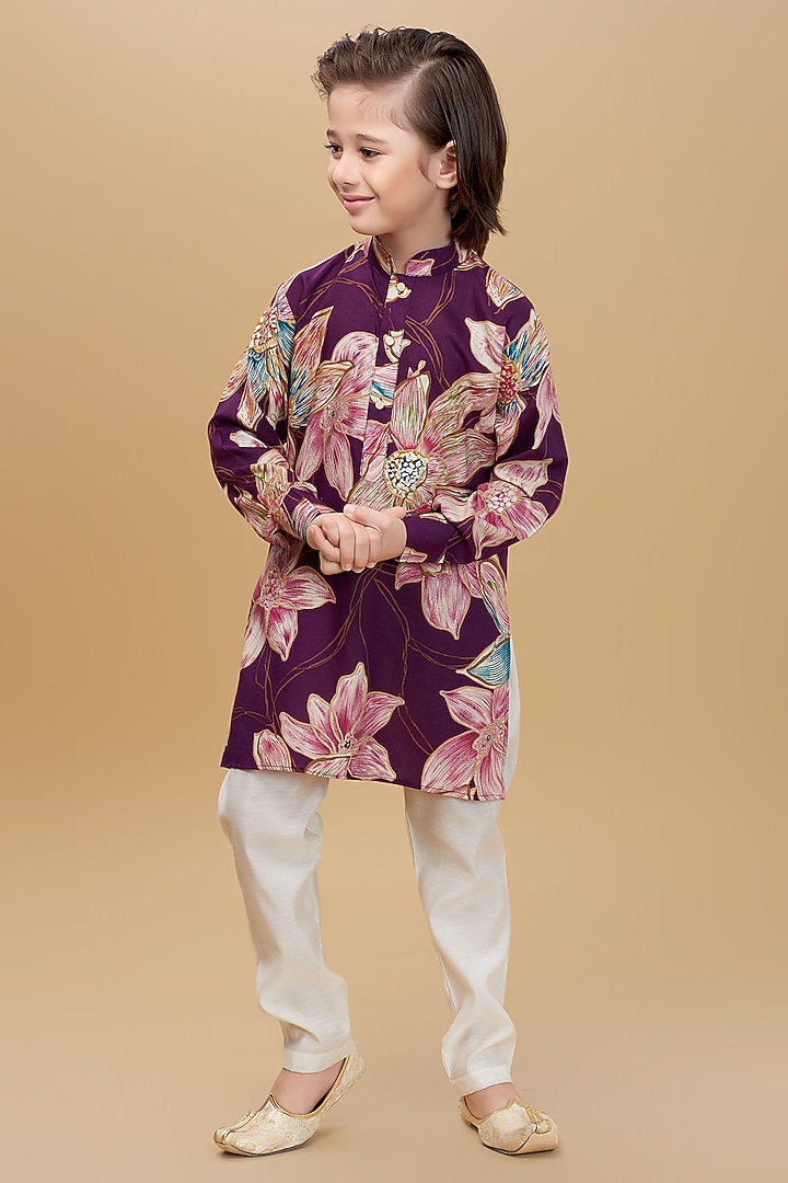 Violet Rayon Floral Printed Kurta Set For Boys by Ministitch at Pernia's Pop Up Shop