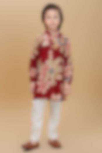 Maroon Rayon Floral Printed Kurta Set For Boys by Ministitch at Pernia's Pop Up Shop