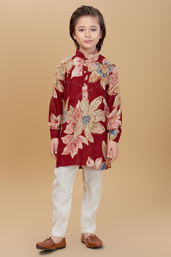 Maroon Rayon Floral Printed Kurta Set For Boys by Ministitch at Pernia's Pop Up Shop