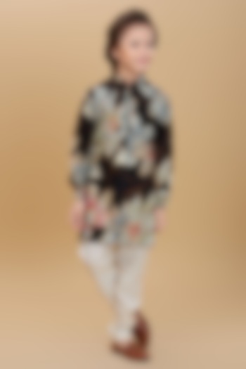 Black Rayon Floral Printed Kurta Set For Boys by Ministitch at Pernia's Pop Up Shop