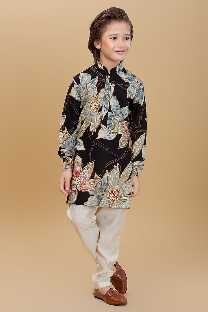 Black Rayon Floral Printed Kurta Set For Boys by Ministitch at Pernia's Pop Up Shop