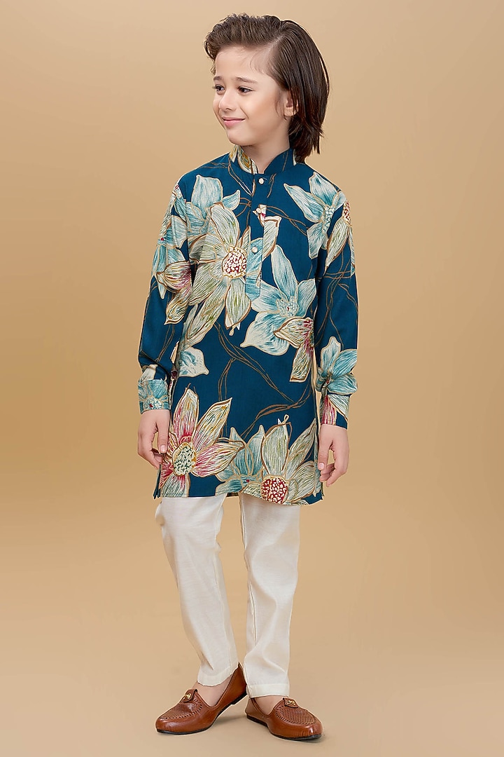 Teal Rayon Floral Printed Kurta Set For Boys by Ministitch at Pernia's Pop Up Shop