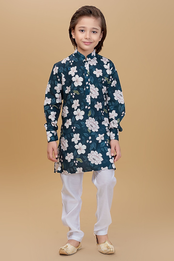 Bottle Green Cotton Floral Printed Kurta Set For Boys by Ministitch at Pernia's Pop Up Shop