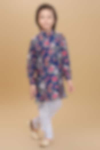 Ink Blue Cotton Floral Printed Kurta Set For Boys by Ministitch at Pernia's Pop Up Shop
