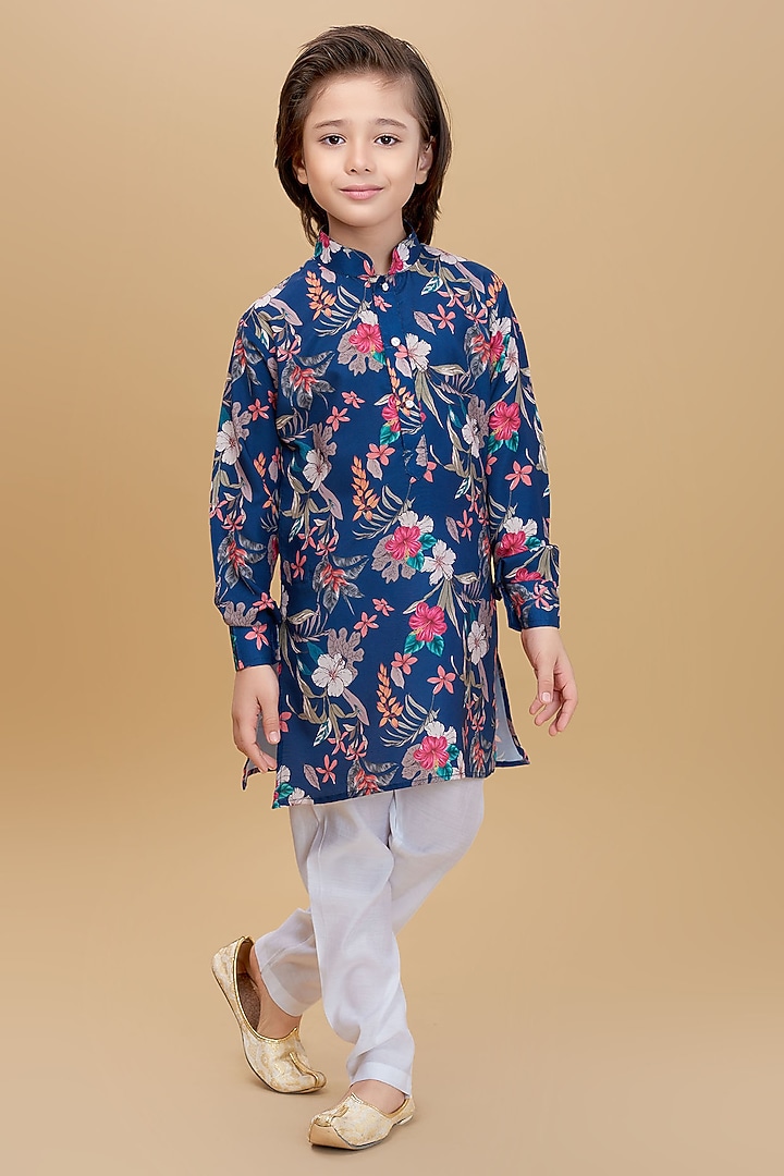 Ink Blue Cotton Floral Printed Kurta Set For Boys by Ministitch at Pernia's Pop Up Shop