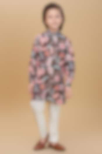 Olive Green Cotton Floral Printed Kurta Set For Boys by Ministitch at Pernia's Pop Up Shop