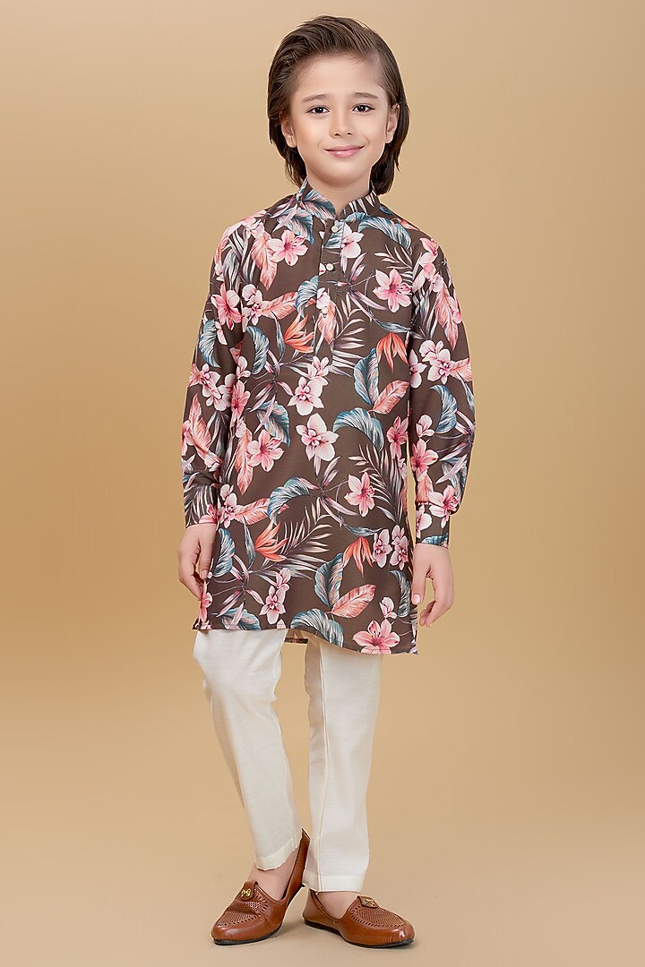 Olive Green Cotton Floral Printed Kurta Set For Boys by Ministitch at Pernia's Pop Up Shop