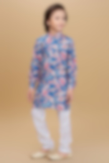 Teal Cotton Floral Printed Kurta Set For Boys by Ministitch at Pernia's Pop Up Shop