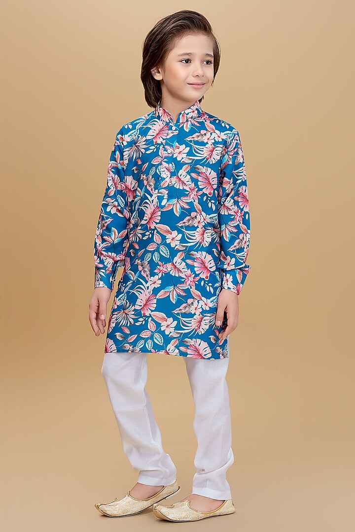 Teal Cotton Floral Printed Kurta Set For Boys by Ministitch at Pernia's Pop Up Shop