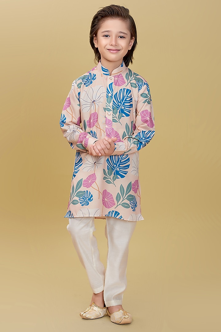 Beige Cotton Floral Printed Kurta Set For Boys by Ministitch at Pernia's Pop Up Shop