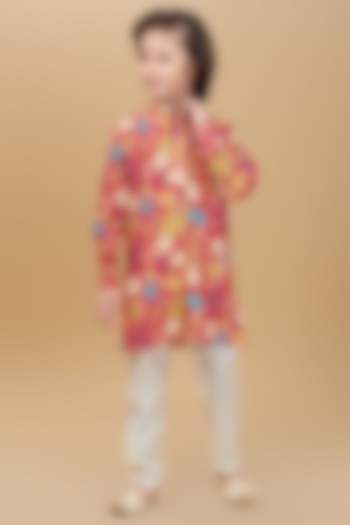 Red Cotton Floral Printed Kurta Set For Boys by Ministitch at Pernia's Pop Up Shop