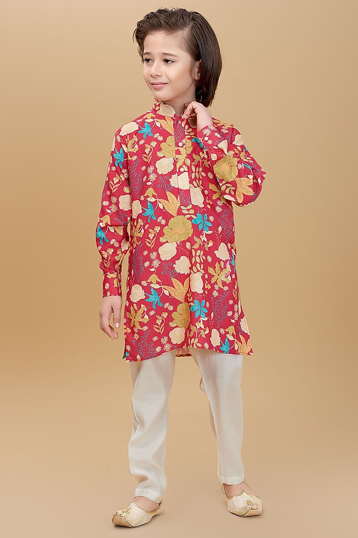 Red Cotton Floral Printed Kurta Set For Boys by Ministitch at Pernia's Pop Up Shop