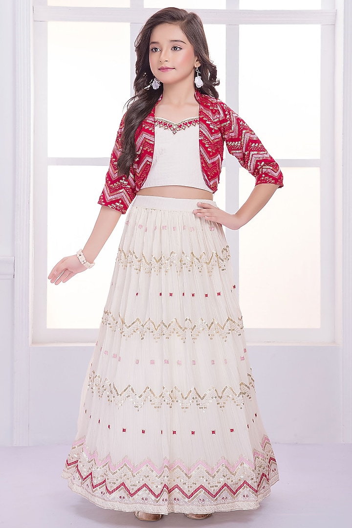 White Georgette Sequins Embroidered Jacket Lehenga Set For Girls by Ministitch at Pernia's Pop Up Shop