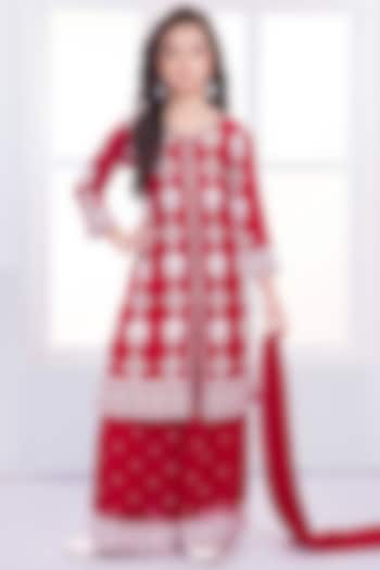 Red Georgette Floral Motif Embroidered Sharara Set For Girls by Ministitch at Pernia's Pop Up Shop