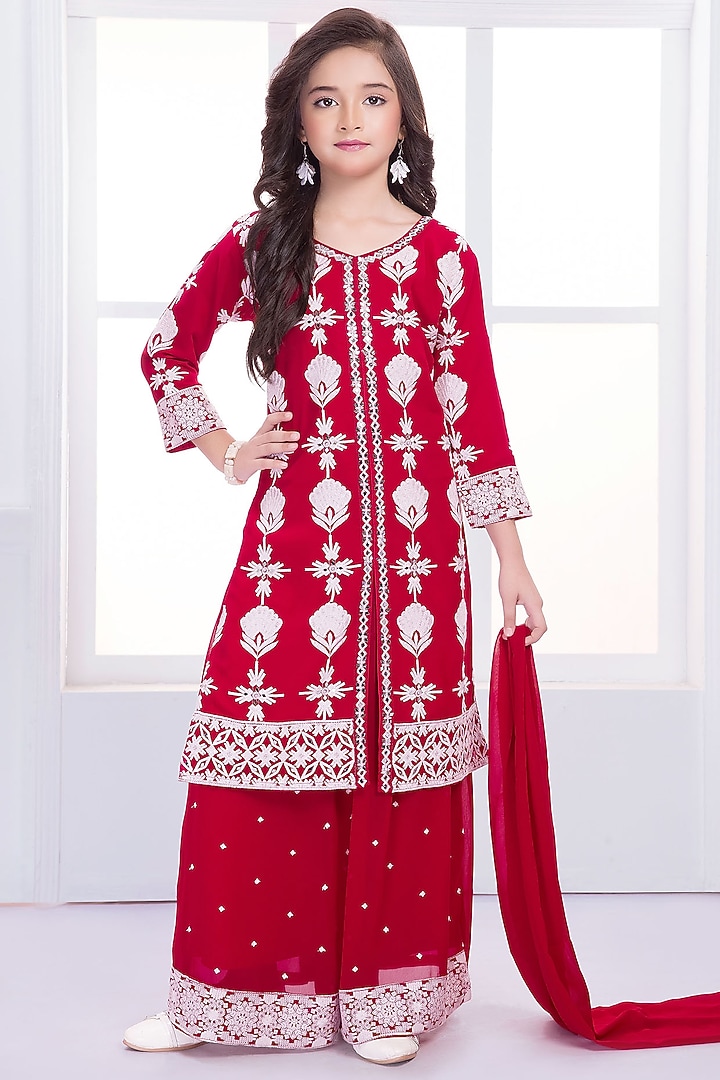 Red Georgette Floral Motif Embroidered Sharara Set For Girls by Ministitch at Pernia's Pop Up Shop