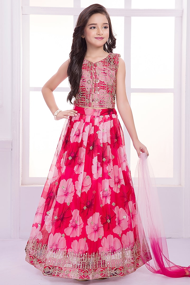 Pink Tissue Tie-Dyed Lehenga Set For Girls by Ministitch at Pernia's Pop Up Shop