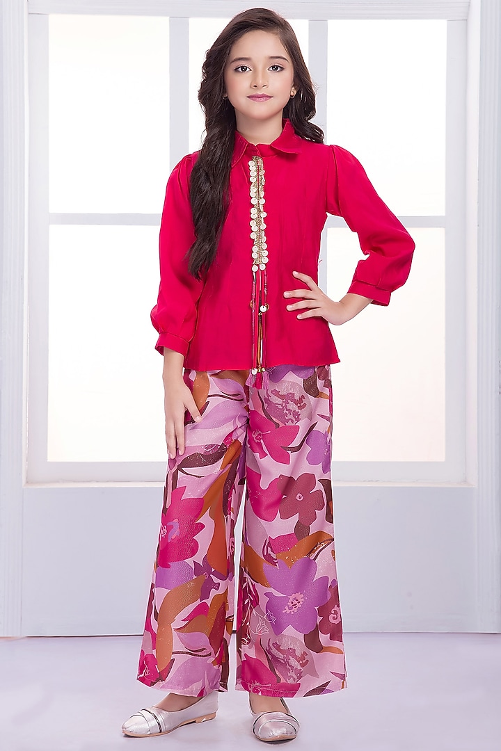 Pink Cotton Printed Palazzo Pants Set For Girls by Ministitch at Pernia's Pop Up Shop