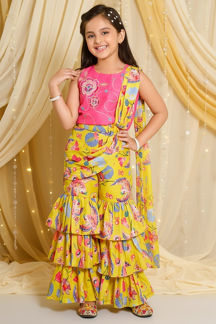Yellow Muslin Cotton Printed Tiered Sharara Set For Girls by Ministitch at Pernia's Pop Up Shop