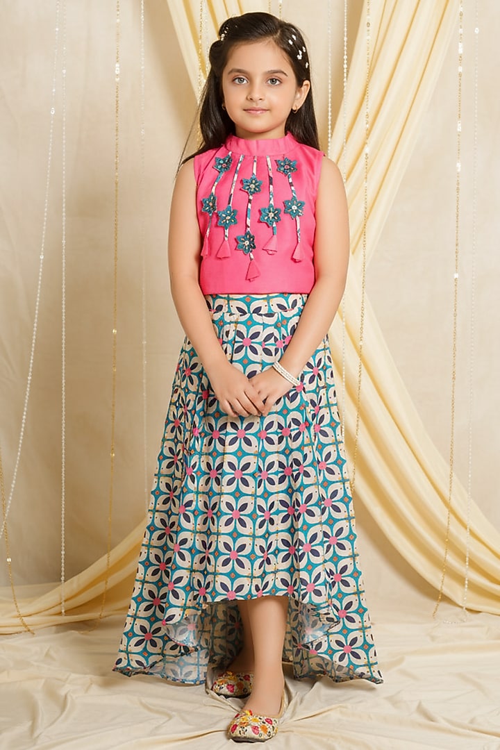 Pink Cotton Printed Skirt Set For Girls by Ministitch at Pernia's Pop Up Shop