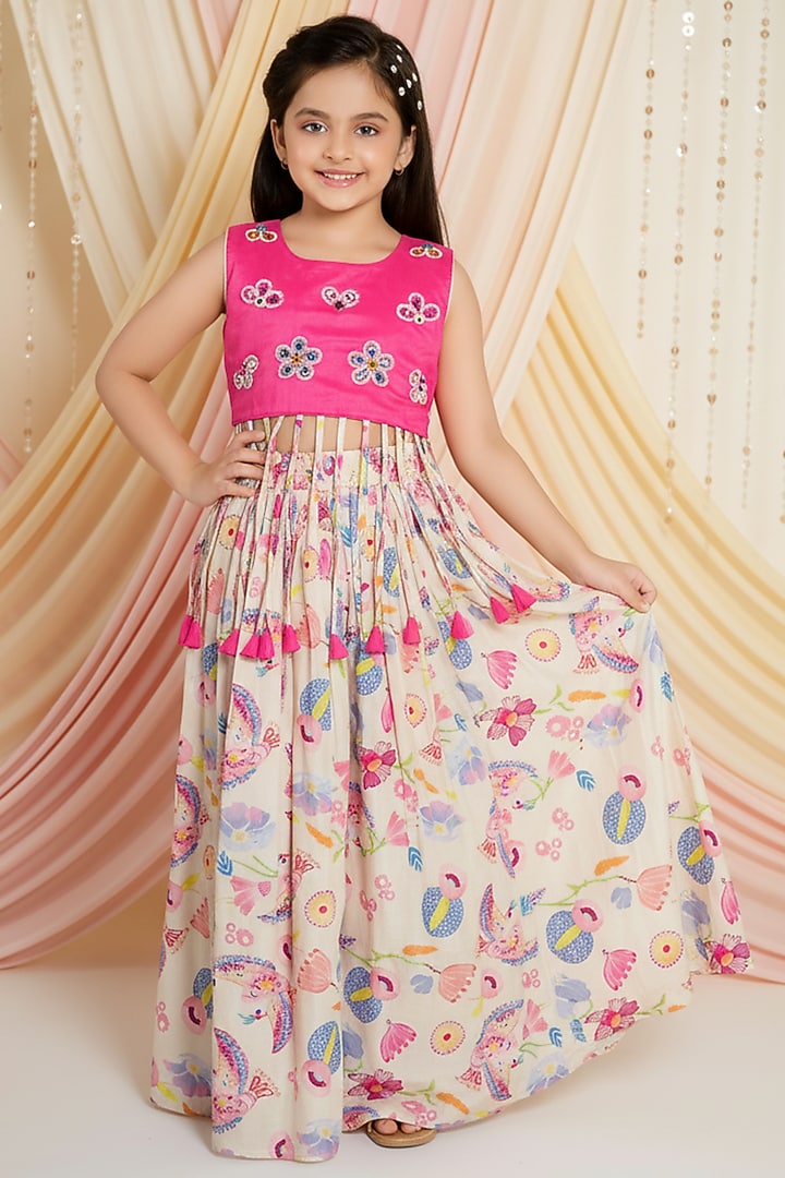 Cream Muslin Cotton Printed Palazzo Pant Set For Girls by Ministitch at Pernia's Pop Up Shop