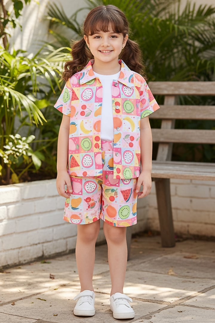 Orange Cotton Printed Co-Ord Set For Girls by Ministitch at Pernia's Pop Up Shop