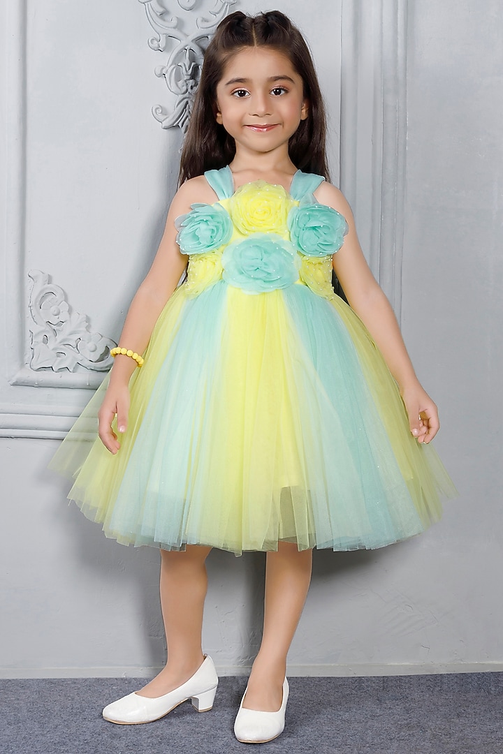Lemon Yellow Net Embroidered Dress For Girls by Ministitch at Pernia's Pop Up Shop