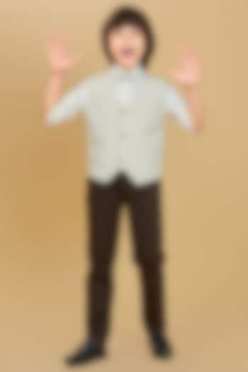 Beige Velvet Printed Waistcoat Set For Boys by Ministitch at Pernia's Pop Up Shop