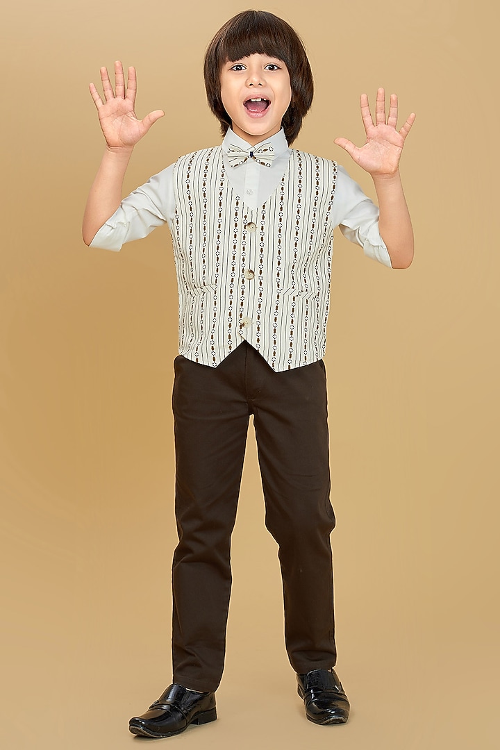 Beige Velvet Printed Waistcoat Set For Boys by Ministitch at Pernia's Pop Up Shop