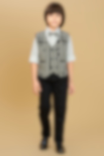 Black & White Velvet Striped Waistcoat Set For Boys by Ministitch at Pernia's Pop Up Shop