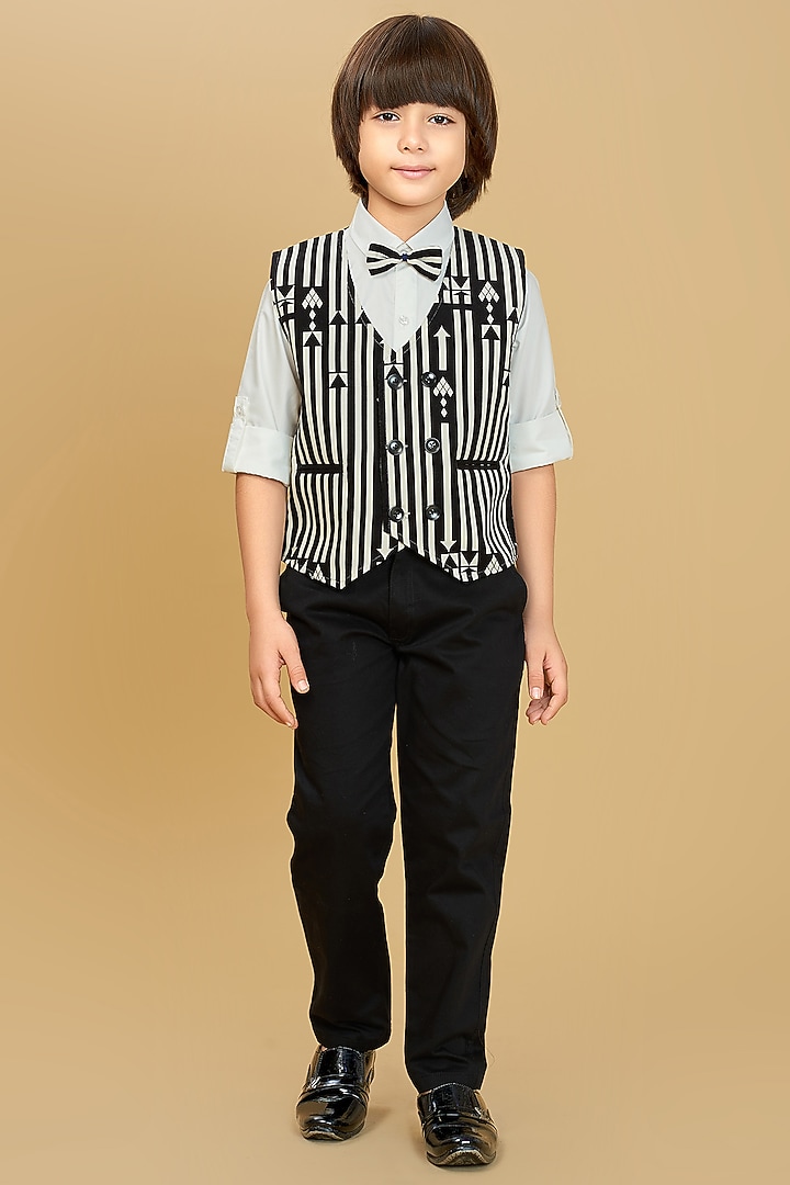 Black & White Velvet Striped Waistcoat Set For Boys by Ministitch at Pernia's Pop Up Shop
