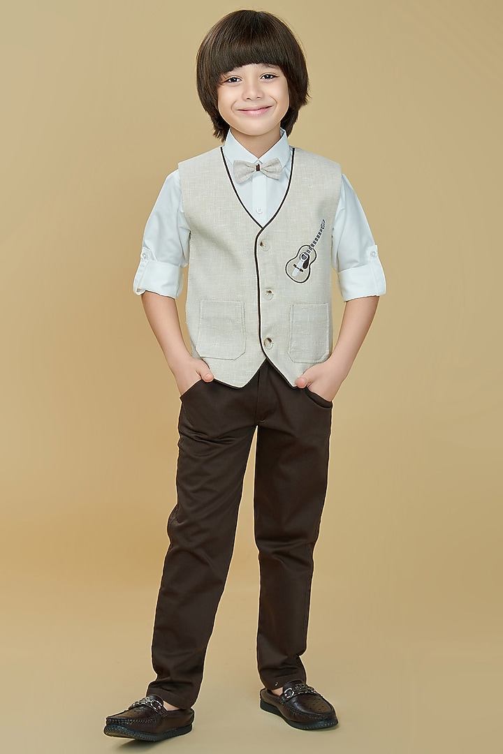 Beige Cotton Embroidered Waistcoat Set For Boys by Ministitch at Pernia's Pop Up Shop