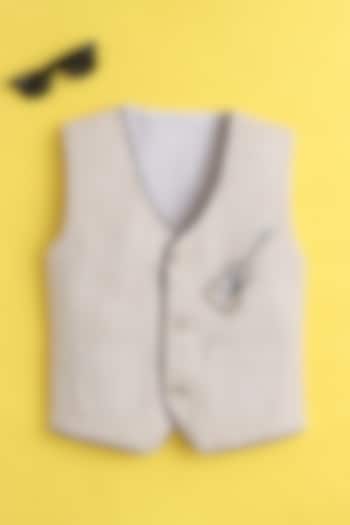 Beige Cotton Striped Waistcoat For Boys by Ministitch at Pernia's Pop Up Shop