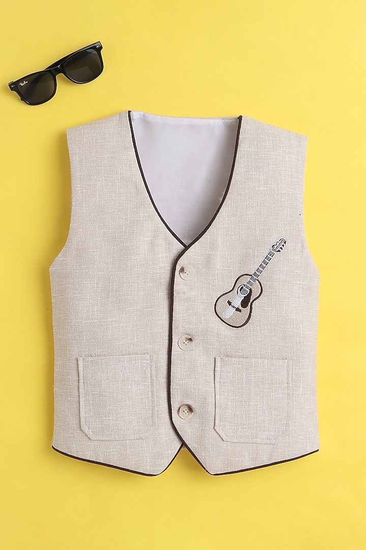 Beige Cotton Striped Waistcoat For Boys by Ministitch at Pernia's Pop Up Shop
